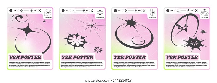 Y2k banners set with abstract black signs. Vector realistic illustration of retrowave aesthetic posters with wireframe torus shape on pink and yellow color gradient background, retro futuristic flyers