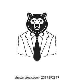 Y2k bear portrait in tie suit psychedelic comic businessman monochrome line retro groovy icon vector illustration. Man wild predator animal business person fashion minimal trendy sticker t shirt print