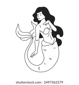 Y2k beautiful mermaid sea woman with long hair and tail black tattoo contour icon vector flat illustration. Psychedelic legend mystic aqua female with fishtail monochrome outline emblem