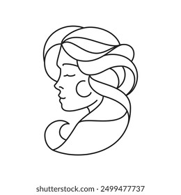 Y2k beautiful romantic woman with long hair portrait tattoo outline icon vector illustration. Elegant feminine lady head monochrome black line groovy emblem beauty female glam t shirt print