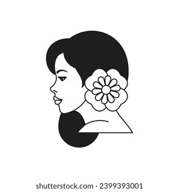 Y2k beautiful woman with flower in hair profile monochrome line retro groovy icon vector illustration. Beauty female portrait with floral blossom hairstyle minimal trendy sticker simple t shirt print
