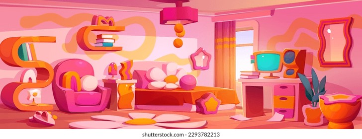 Y2k bedroom interior with daisy flower pillow vector background. Groovy pink room with bed, mirror, chamomile carpet and computer. Girly bright home decor with creative book shelf illustration.