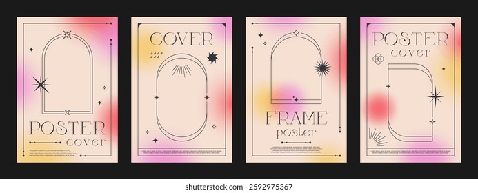Y2k beige gradient background posters. Abstract aesthetic covers with bright fluid spots and brutalism elements. Vector vertical cover templates with geometric figures and linear celestial shapes