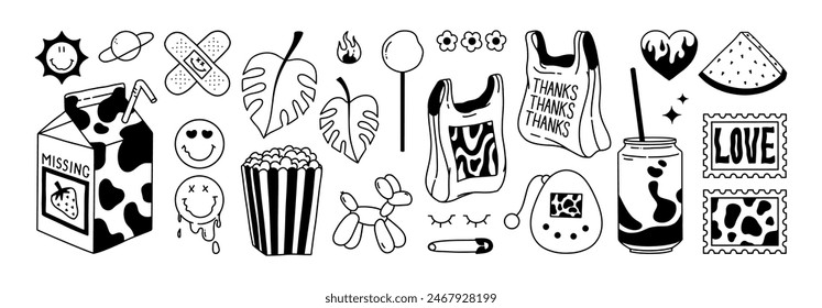 Y2K big vector doodle set. Vintage 2000s elements for sticker pack. Hand Drawn Soda, strawberry milk, plastic bag, lollipop, popcorn, dog ballon, emo heart, watermelon, monstera leaves. Stylization