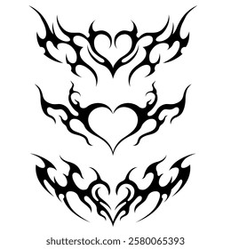 Y2K Black Heart Tribal vector design collection, Neo Tattoo, Isolated Metal and Futuristic Rock graphicelements, Black valentine Clip art  for Decoration, Editable