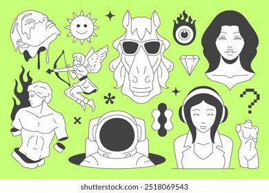 Y2k línea negra retro groovy icono cómico escultura ciencia ficción concepto conjunto Vector ilustración plana. Hype caballo psicodélico en gafas de sol mujer dios griego escultura sol adolescente en auriculares Cupido