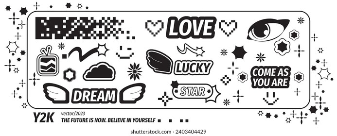 Y2k black monochrome abstract shape and sign. Vector illustration set of simple geometric forms and symbols in 2000s and brutal style. Retro futuristic collection of simple funky elements and text.