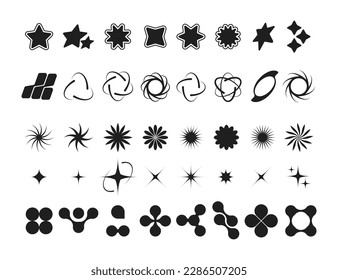 Y2k black symbols. Retro futuristic geometric elements, 70s 80s modern decorative symbols globe star arrow planet. Vector isolated set. Shining stars, cosmos or galaxy elements, geometric icons