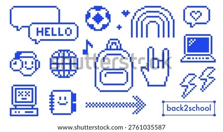Y2K blue pixel icon pack with playful school, lifestyle elements. 8bit retro stickers. Laptop, globe, rainbow, lightning, football, rock hand icons. Cool nostalgic set for education, digital design