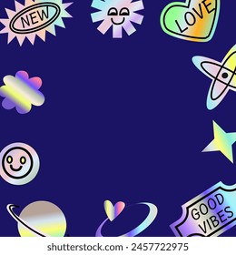 Y2k blur gradient, 2000s background with hologram, vector futuristic banner, trendy chrome shapes. Abstract aesthetic retro banner, silver heart and stars, 2000s frame or Y2k background