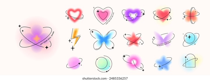 Y2k blur gradient elements vector illustration. Abstract aesthetic blurry stickers with heart, star, lightning, aura, flower, planet. Color soft gradient shapes with transparent end, thin round lines.