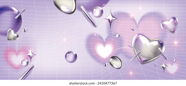 Y2k blur gradient heart background, vector love futuristic poster, trendy chrome 3D shapes grid. Abstract romantic aesthetic Valentine Day holiday banner, silver heart, 2000s party. Y2k background