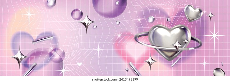 Y2k blur gradient heart background, love futuristic vector poster, trendy chrome 3D shapes grid. Abstract romantic aesthetic Valentine Day holiday banner, silver heart, 2000s party. Y2k background