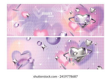 Y2k blur gradient heart background, love futuristic poster, vector trendy chrome 3D shapes grid. Abstract romantic aesthetic Valentine Day holiday banner, silver heart, 2000s party. Y2k background