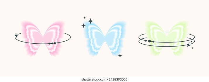 Y2K blurred butterflies with aesthetic linear shapes set. Retro 2000s design elements aura effect.