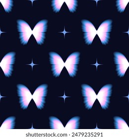 Y2K difuminado patrón de mariposas sin fisuras. Fondo de degradado de moda con efecto aura.