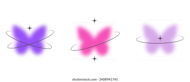 Y2k blurred butterfly. Gradient sticker element. Aesthetic groovy soft figure with glow. Aura trendy effect with orbits and sparkles on white background. Vector.