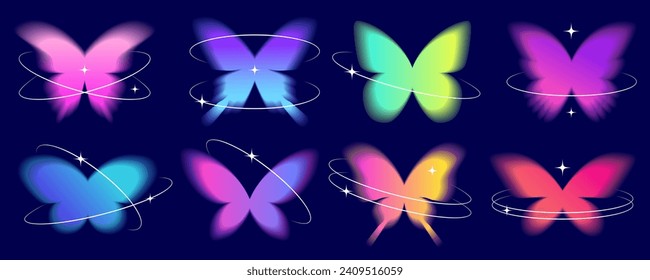 Y2k blurred butterfly. Gradient sticker element. Aesthetic groovy soft figure with glow. Aura trendy effect with orbits and sparkles on white background.
