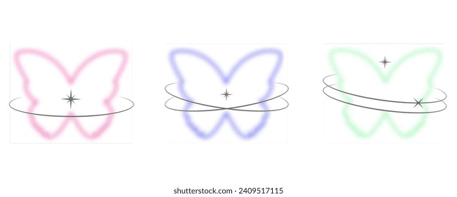 Y2k blurred butterfly. Gradient sticker element. Aesthetic groovy soft figure with glow. Aura trendy effect with orbits and sparkles on white background.