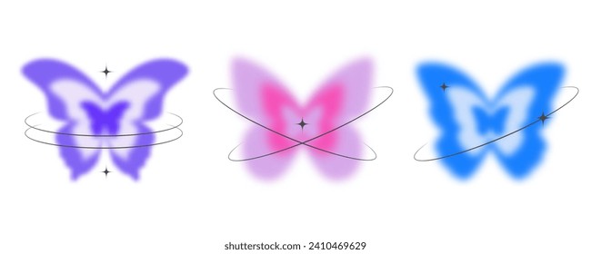 Y2k unscharfer Schmetterling. Farbsticker-Element. Ästhetische, feine Figur mit Glanz. Aura trendiger Effekt mit Umlaufbahnen und Funkeln auf weißem Hintergrund.