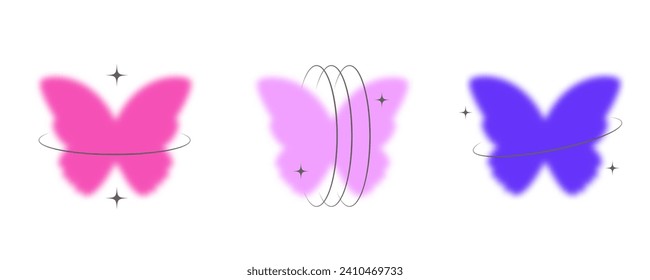 Y2k blurred butterfly. Gradient sticker element. Aesthetic groovy soft figure with glow. Aura trendy effect with orbits and sparkles on white background.