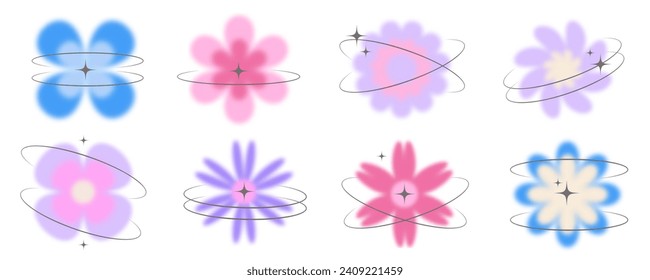 Y2k blurred flower. Gradient aesthetic stickers with soft glow effect and aura with stars on orbits. Cute smooth futuristic vector collection on white background.