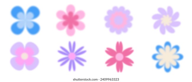 Y2k blurred flower. Gradient aesthetic stickers with soft glow effect and aura. Cute smooth futuristic vector collection on white background.