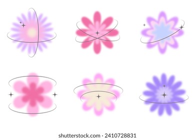 Y2k blurred flower. Gradient aesthetic stickers with soft glow effect and aura with stars on orbits. Cute smooth futuristic vector collection on white background
