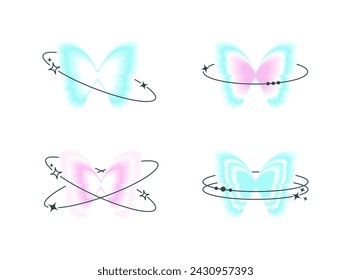 Y2K blurred gradient butterflies with aesthetic linear shapes set. Retro 2000s design elements with an aura effect.