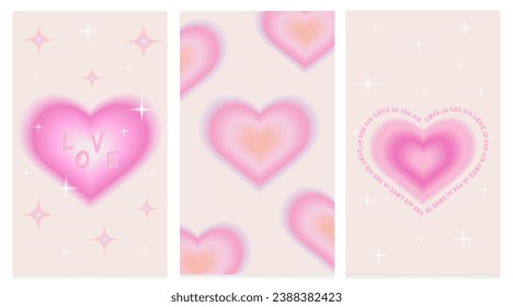 Y2k blurred gradient hearts. Happy Valentine's Day greeting card set. Gradient aesthetic typography poster.Trendy retro 90s, 00s style. 