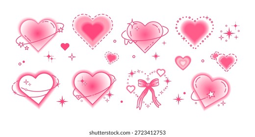 Conjunto de adesivos cor-de-rosa de gradiente embaçado Y2k. Dia dos Namorados Brilhante luz amor forma coleção. Ilustração vetorial