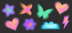 Y2k Blurred Gradient Unfocused Set. Abstract Neon Geometric Shapes In Trendy Retro Style. Heart, Flower, Daisy, Butterfly, Star, Moon	
