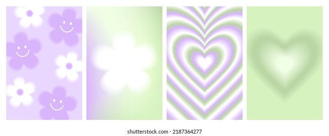 Y2k blurred gragient posters  Heart  daisy  flower  abstract geometric shape in trendy 90s  00s psychedelic style  Holographic vector background  Lilac  green pastel colors 