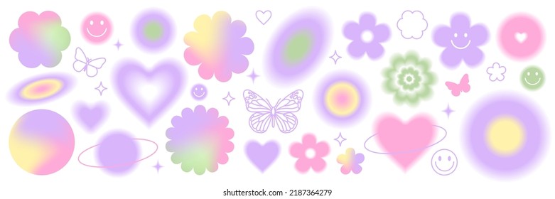 Y2k blurred gragient set  Butterfly  heart  daisy  flower  abstract geometric shape in trendy 90s  00s psychedelic style  Holographic vector illustrations  elements   signs 