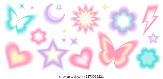 Y2k blurred gragient unfocused set. Abstract geometric shapes in trendy retro style. Heart, flower, daisy, butterfly, star, moon