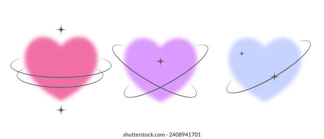 Y2k blurred heart. Gradient aesthetic sticker with stars on orbits. Soft glow effect with aura. Cute smooth futuristic vector collection.