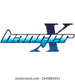 Tipografia em negrito "Banger" Y2K em cor azul com X Mark de gradiente pontilhado, logotipo de banner de arte pixel
