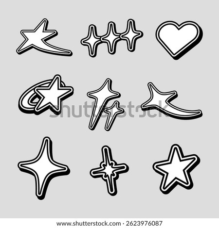 Y2K Bold Outline Star Heart Sticker Set. A set of 9 bold black outline icons including stars sparkles heart and comet shapes designed in Y2K retro style. Perfect for stickers moodboards pop visuals