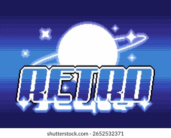 Y2K negrito tipografia de "estilo retrô" com luz brilhante e Saturno, tom azul pixel arte