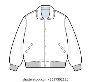 Y2K Bomber Jacket Technical Fashion Illustration. Relaxed-Fit Snap-Front Jacket Vector Template. Ribbed Knit Collar, Hem, and Cuffs. Front Welt Pockets. Oversized Silhouette. CAD Mockup Set.