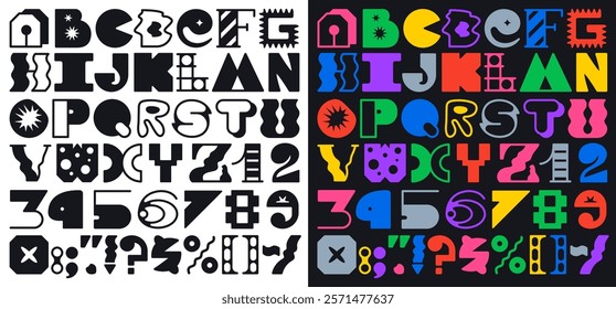 Y2K brutal font, abstract modern geometric typeface with funky type, vector English alphabet. Brutal font of abstract and cartoon thick bold letters or line art typeface in trendy cartoon funky design