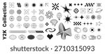 Y2K Brutalist Geometric Icons with Abstract Shapes and Symbols in Black and White Collection of Stars Spirals Globes and Minimal Graphic Marks