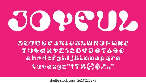 Y2k bubble font, funky groovy type, liquid fluid typeface, 3d balloon alphabet letters typography set. Retro hippie psychedelic font english abc symbols with vector bubble letters and balloon numbers
