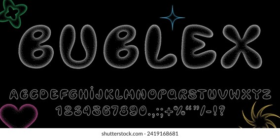 Y2K bubble pixel font. Balloon inflated letters and numbers of English alphabet for retro-futuristic 2000s design, isolated vector type elements