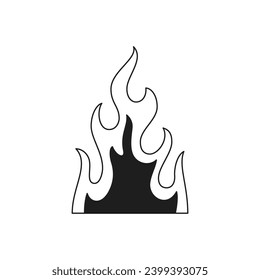 Y2k burning fire blaze flame cartoon element monochrome line retro groovy icon vector illustration. Flammable fireplace campfire bonfire abstract hot light minimal trendy sticker for t shirt print