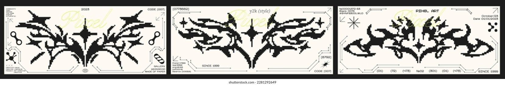 Y2K business card posters in retro futuristic pixel style. Tribal style elements for 90s design. Printable vector banner collection