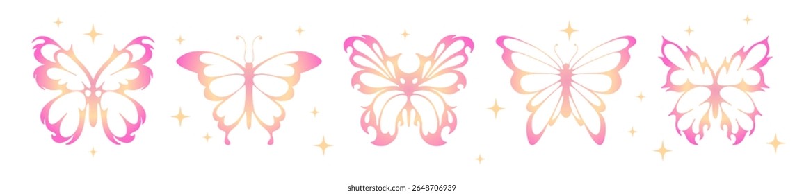 Coleção de borboletas Y2K com asas amarelas rosa gradiente e estrelas cintilantes decorativas. Insetos estéticos retro 2000s para desenhos nostálgicos, gráficos femininos e ilustrações milenares na moda.