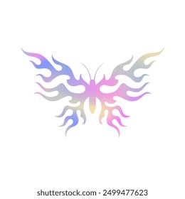 Y2k butterfly neon gradient hologram fire flame silhouette icon vector flat illustration. Psychedelic metal holographic winged insect mystic flying elegant glamour decorative element t shirt print