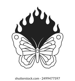 Y2k butterfly with ornamental wings and burning flame black tattoo outline icon vector flat illustration. Beautiful flying summer insect monochrome elegant artwork groovy t shirt print