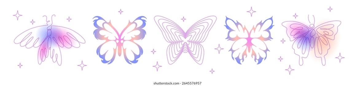 Y2k butterfly set with gradient rainbow wings, pink blurred effects, neon purple and blue colors. Retro digital aesthetic for nostalgic design, trendy sticker, dreamy 2000s fashion decorative element.